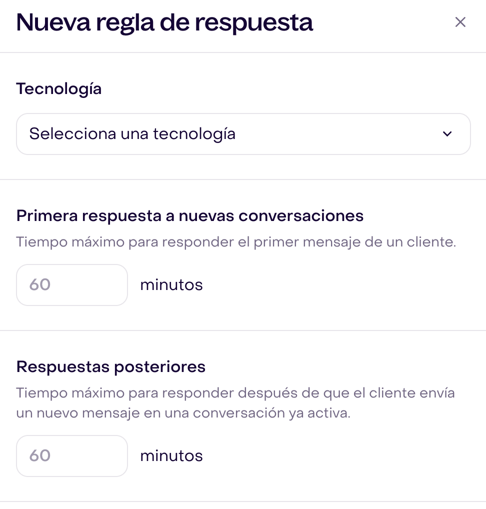 Formulario real Nueva regla de respuesta sin guardar: Tecnología no seleccionada y ambos tiempos vacíos; 60 es el placeholder.