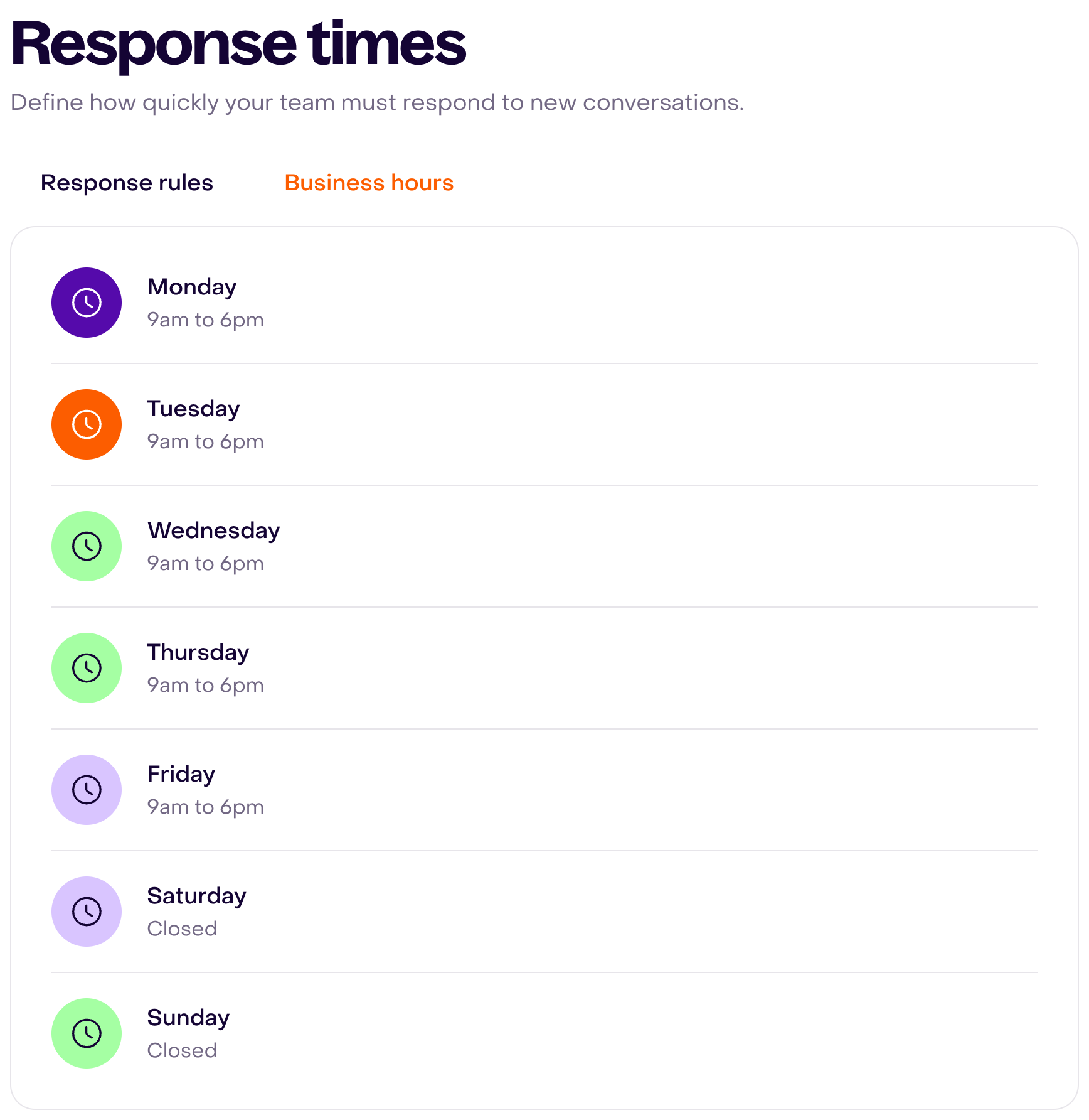 Real fictional-account Business hours: Monday through Friday 9am to 6pm, Saturday and Sunday Closed; all seven rows, without editing.