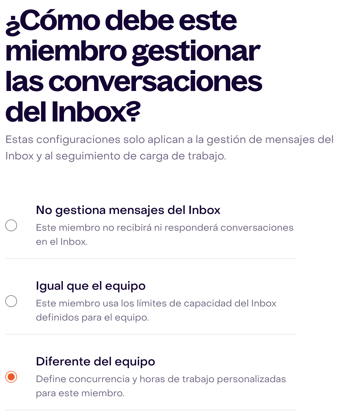 Tres modos de capacidad para Lucía Méndez ficticia, con Diferente del equipo ya seleccionado y sin cambios.