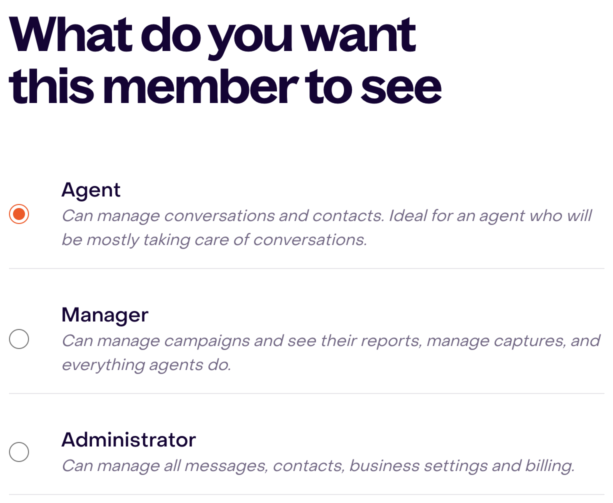 Real role selector with Agent selected for a fictional teammate, without saved changes.